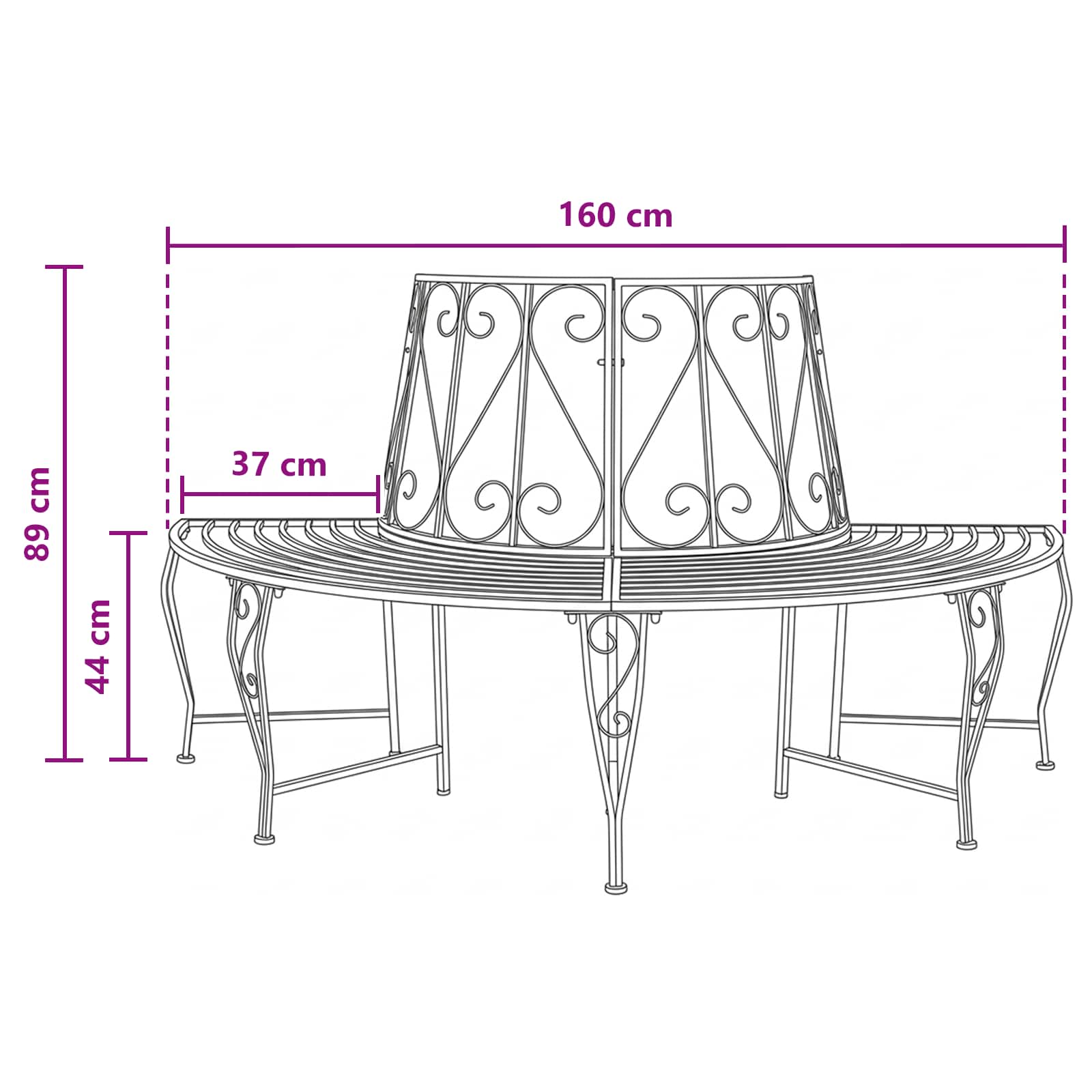 vidaXL Tree Bench 4-Seater 160 x 80 x 89 cm Steel Black Half-round 6