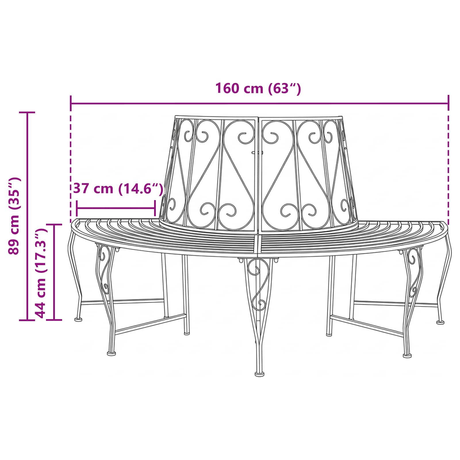 vidaXL Tree Bench 4-Seater 160 x 80 x 89 cm Steel Antique Brown 6