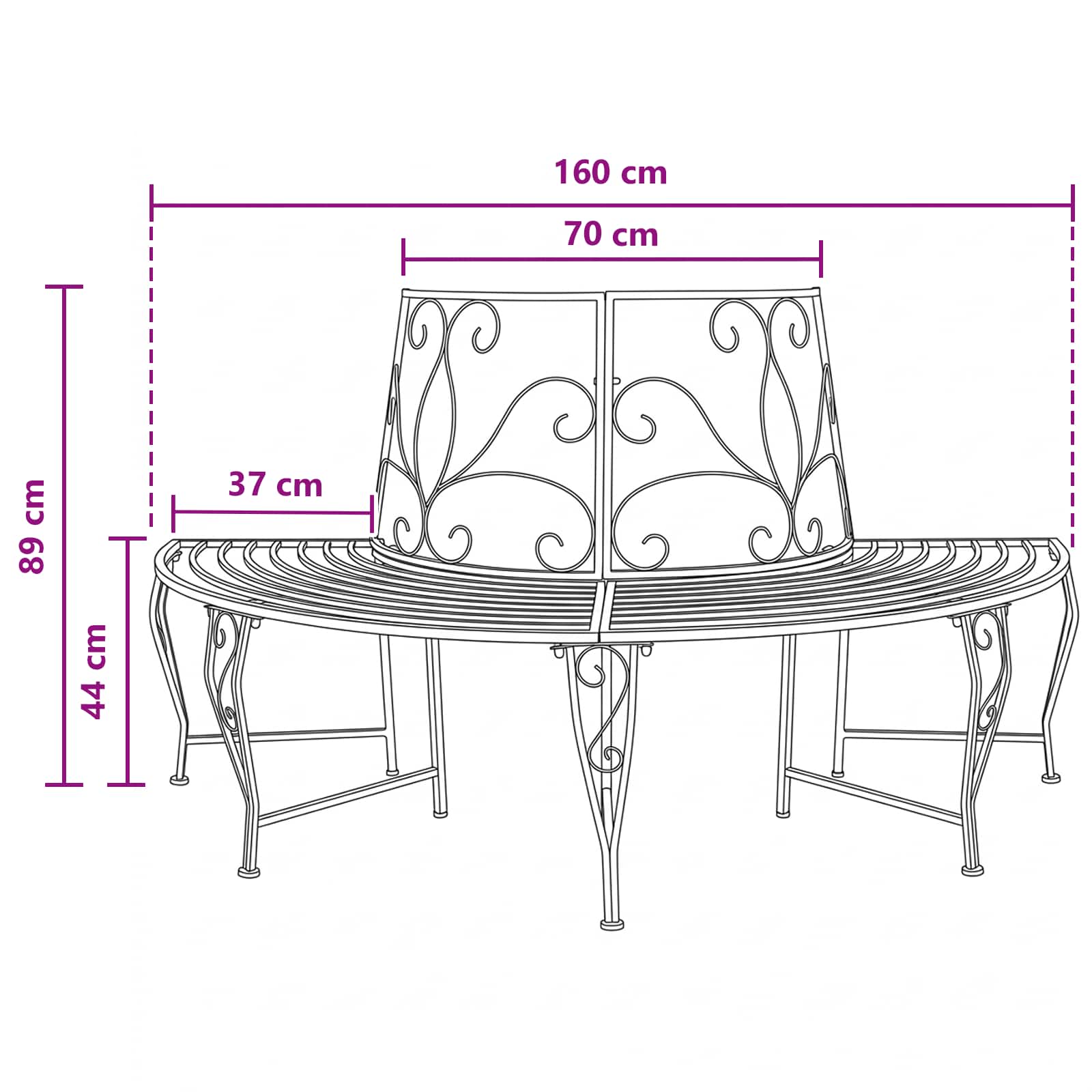 vidaXL Tree Bench 4-Seater 160 x 80 x 89 cm Steel Black Half-round 6