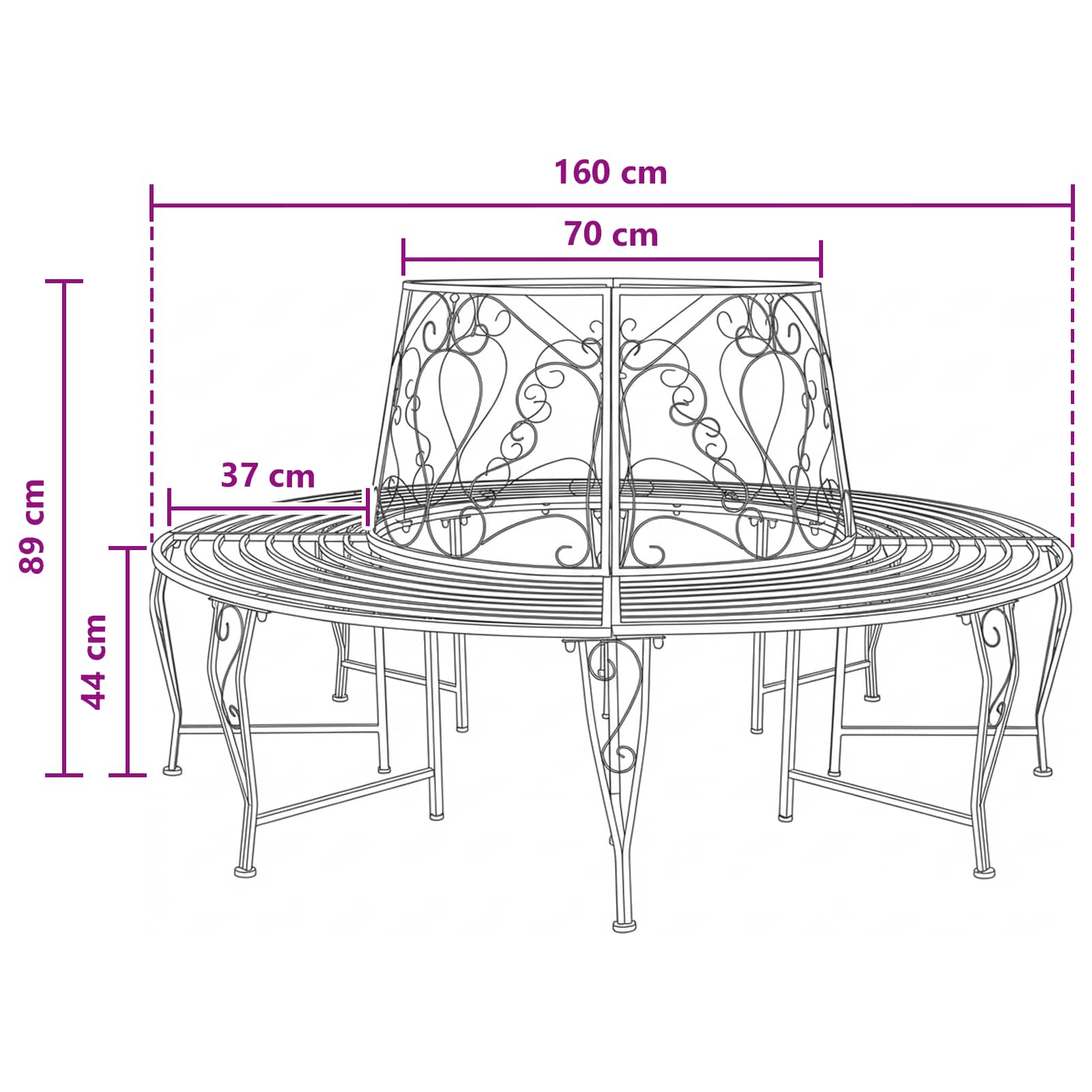 vidaXL Tree Bench 8-Seater Ø 160 x 89 cm Steel Black Round 6