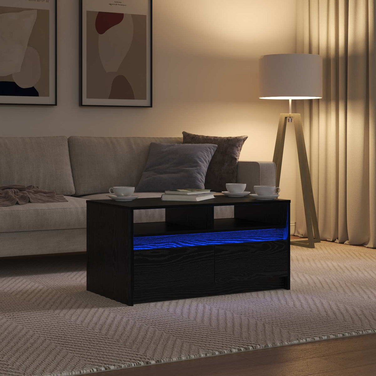 Coffee Table with LED Lights Engineered Wood Black oak