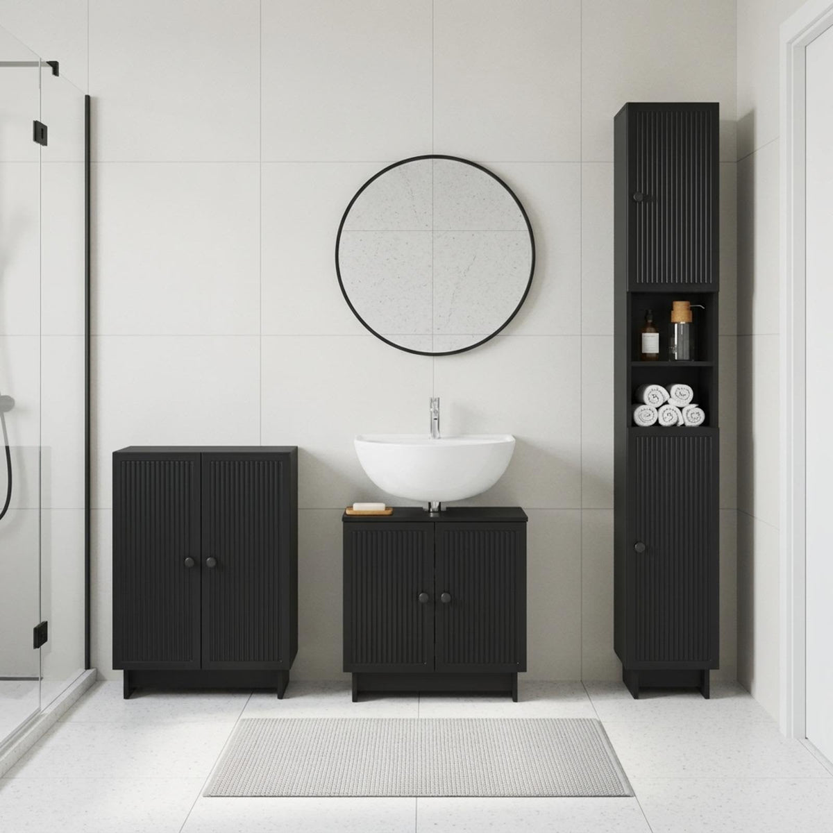 3 Piece Bathroom Cabinet Set EDE Engineered Wood Black Vertical stripes