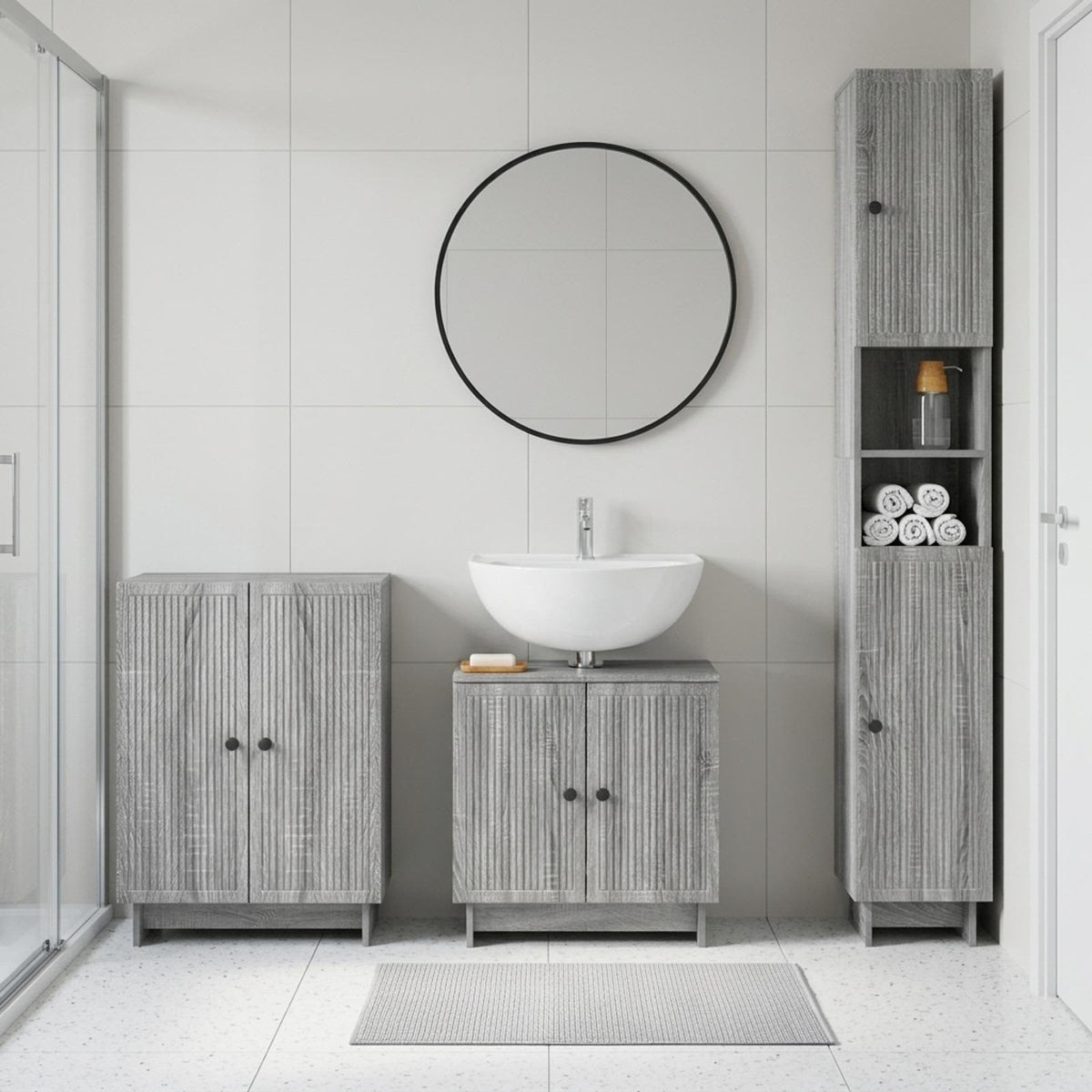 3 Piece Bathroom Cabinet Set ALKMAAR Grey Sonoma Vertical stripes