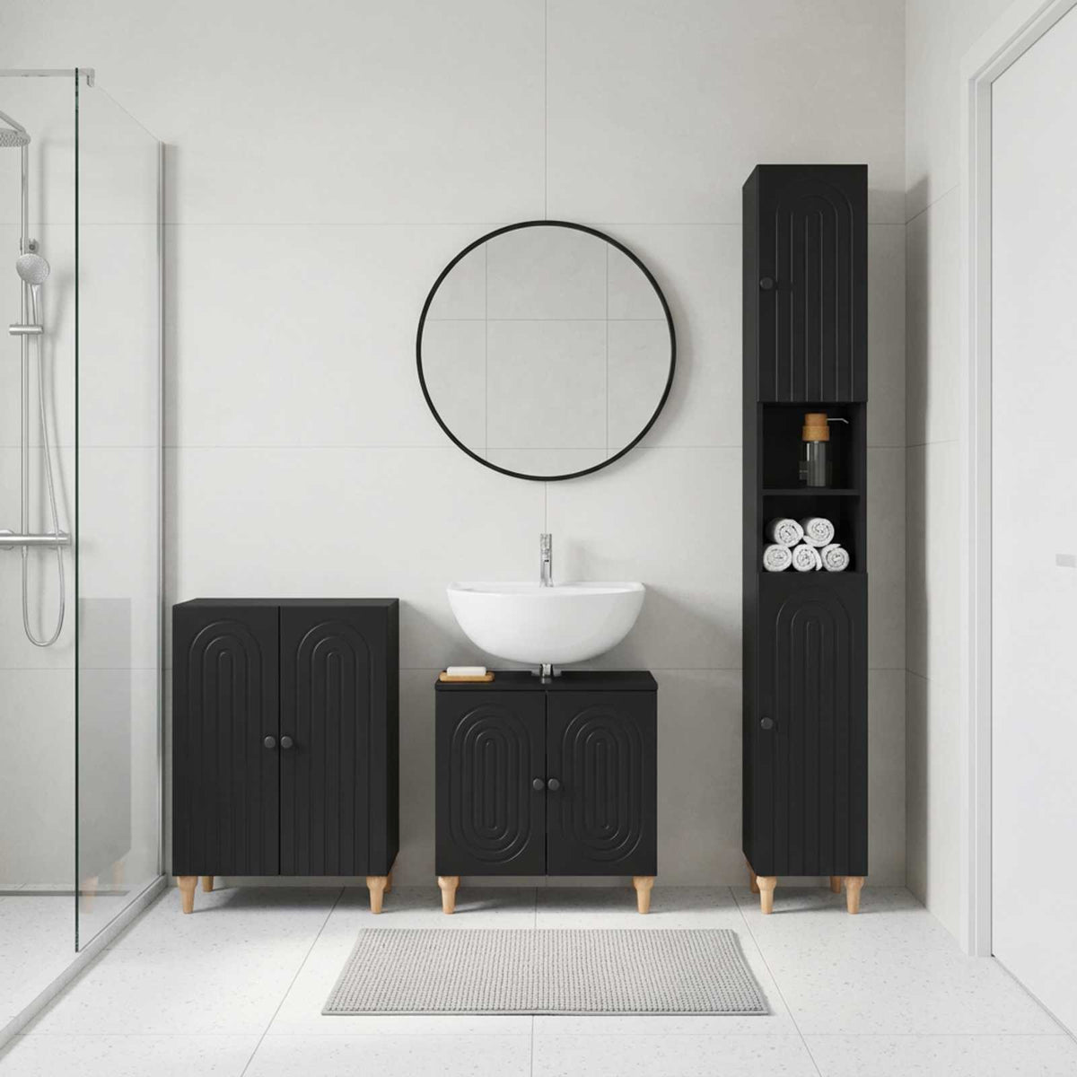 3 Piece Bathroom Cabinet Set EDE Engineered Wood Black Round stripes