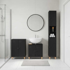 3 Piece Bathroom Cabinet Set EDE Engineered Wood Black Round stripes