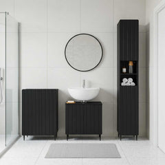 3 Piece Bathroom Cabinet Set EDE Engineered Wood Black Round edge stripes