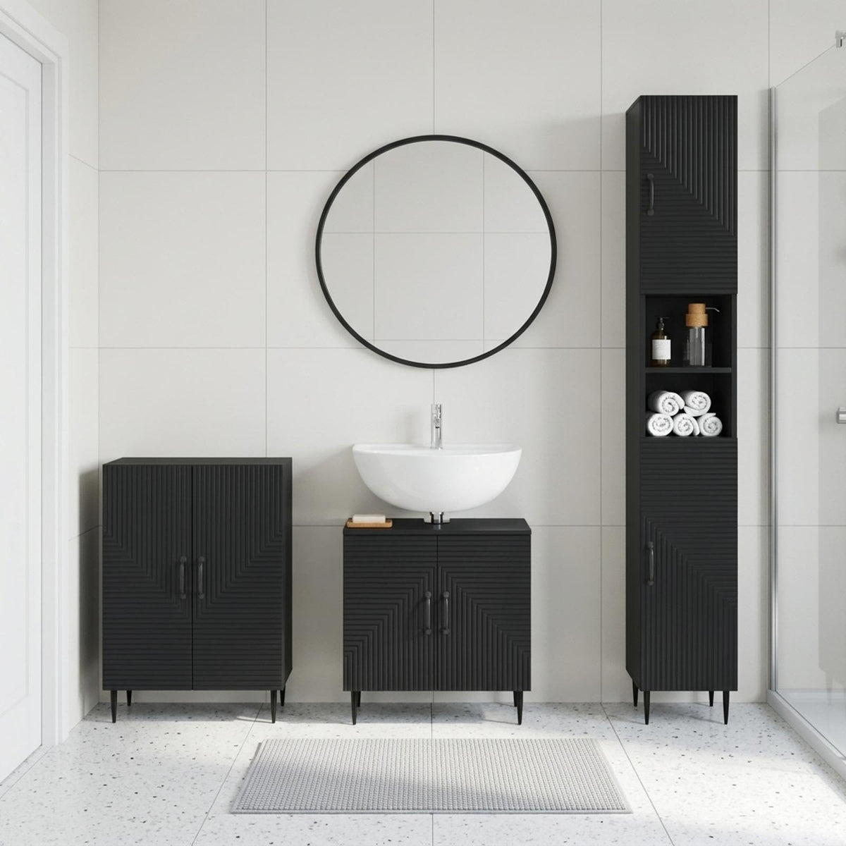 3 Piece Bathroom Cabinet Set EDE Engineered Wood Black Two-way stripes