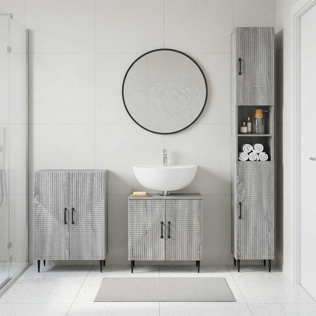 3 Piece Bathroom Cabinet Set ALKMAAR Grey Sonoma Two-way stripes