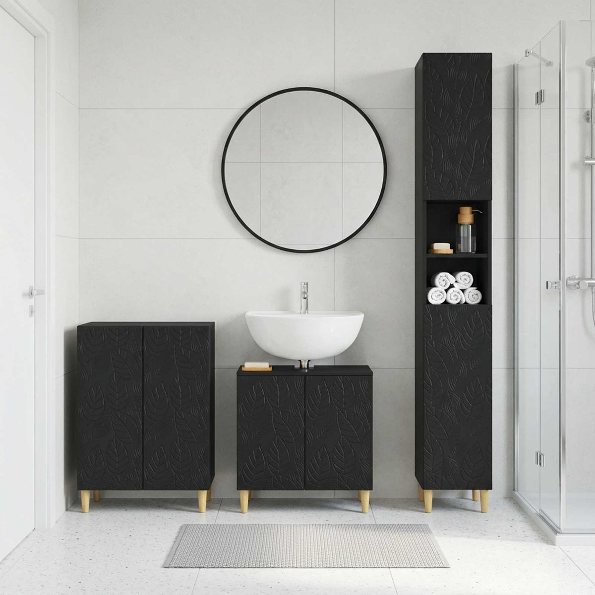 3 Piece Bathroom Cabinet Set EDE Engineered Wood Black Leaf pattern