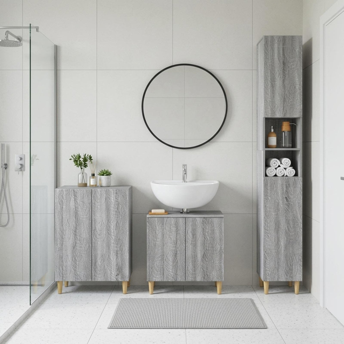 3 Piece Bathroom Cabinet Set ALKMAAR Grey Sonoma Leaf pattern