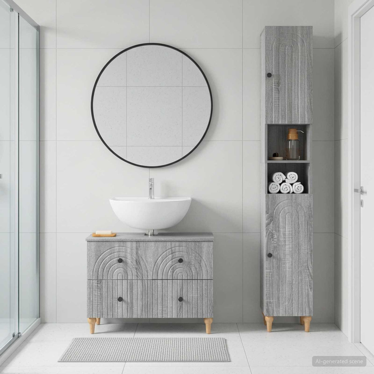 2 Piece Bathroom Cabinet Set ALKMAAR Grey Sonoma Round stripes