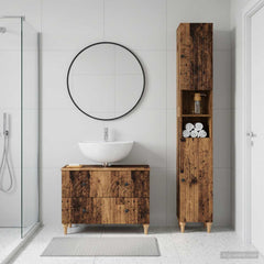 2 Piece Bathroom Cabinet Set EDE Engineered Wood Old Wood Round stripes