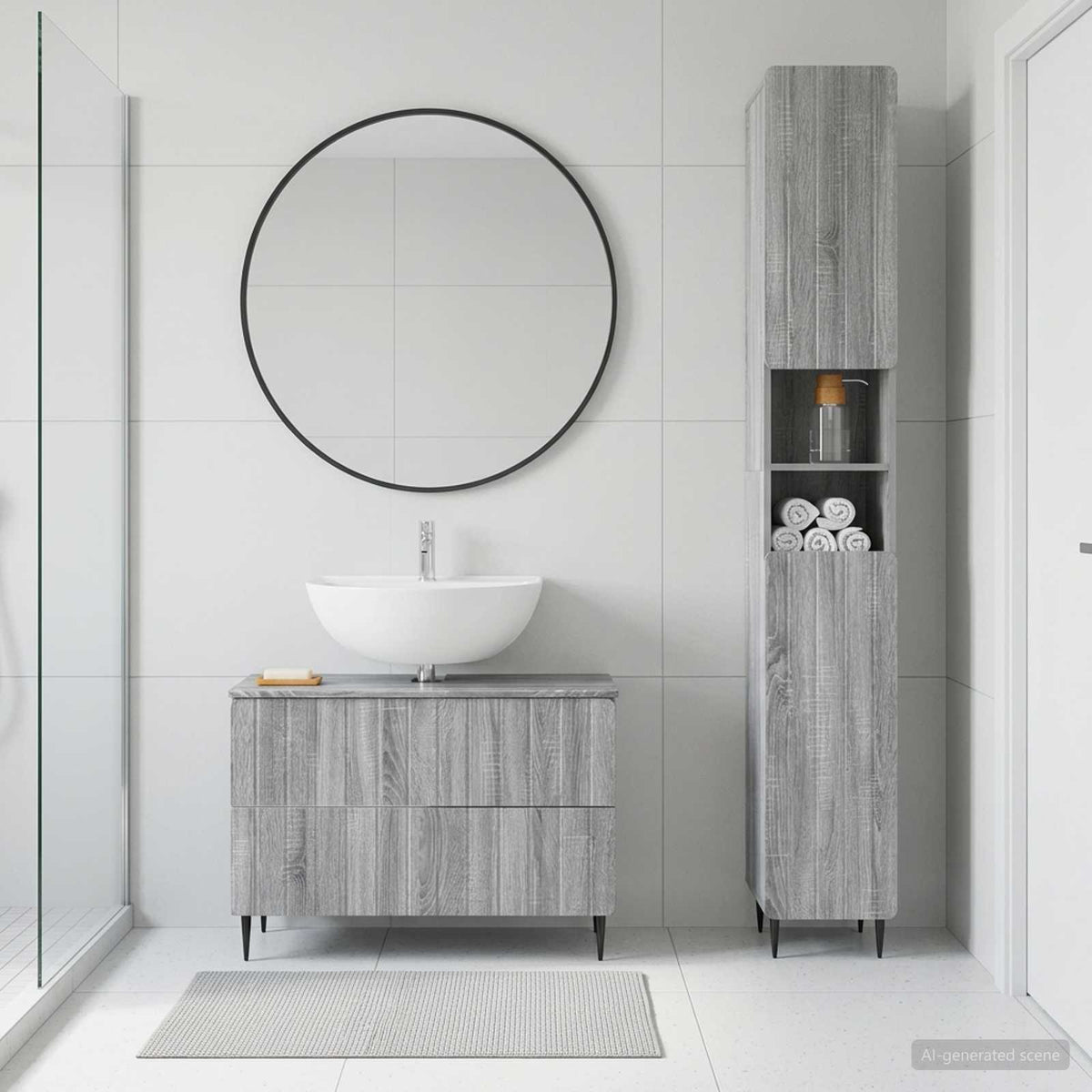 2 Piece Bathroom Cabinet Set ALKMAAR Grey Sonoma Round edge stripes