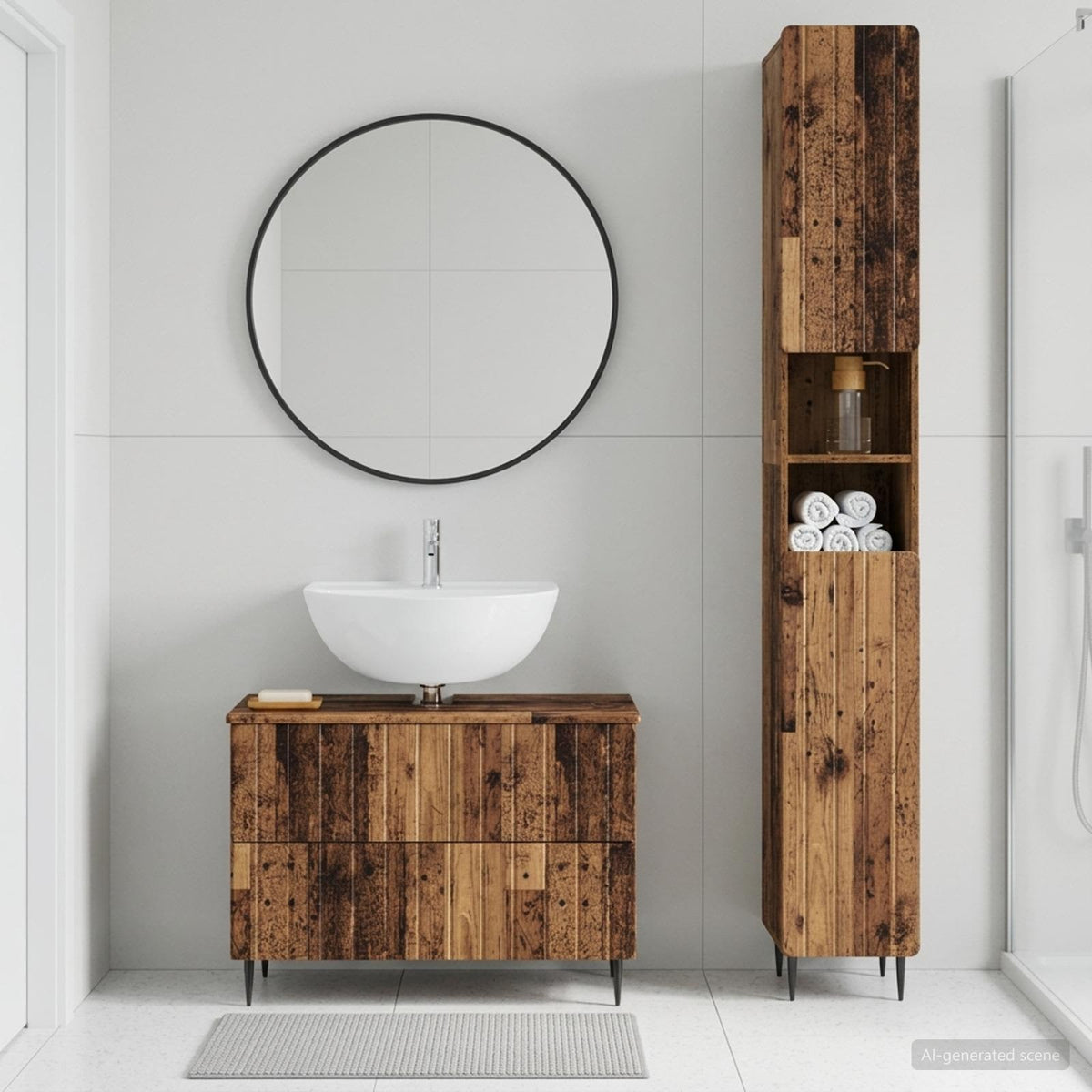 2 Piece Bathroom Cabinet Set EDE Engineered Wood Old Wood Round edge stripes
