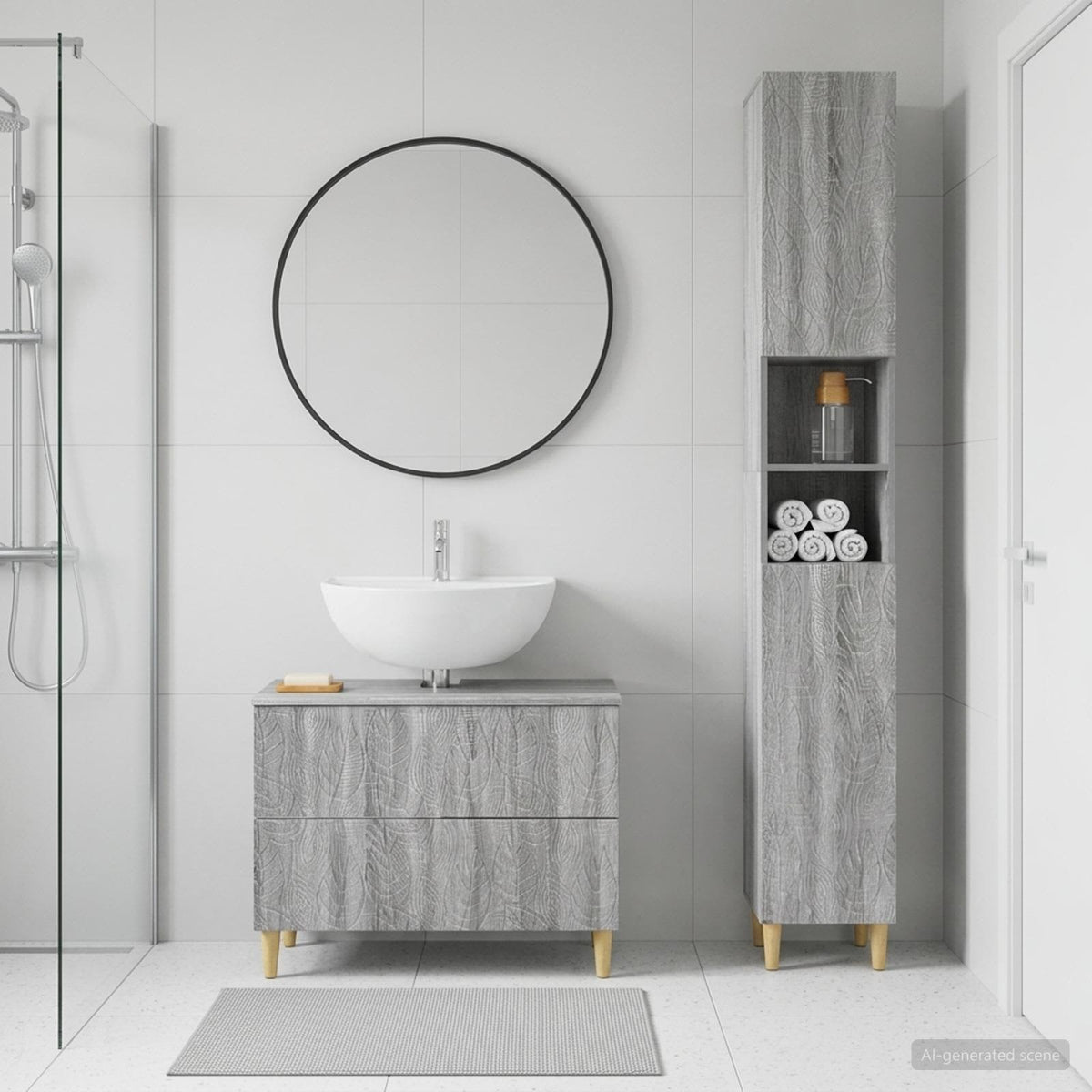 2 Piece Bathroom Cabinet Set ALKMAAR Grey Sonoma Leaf pattern