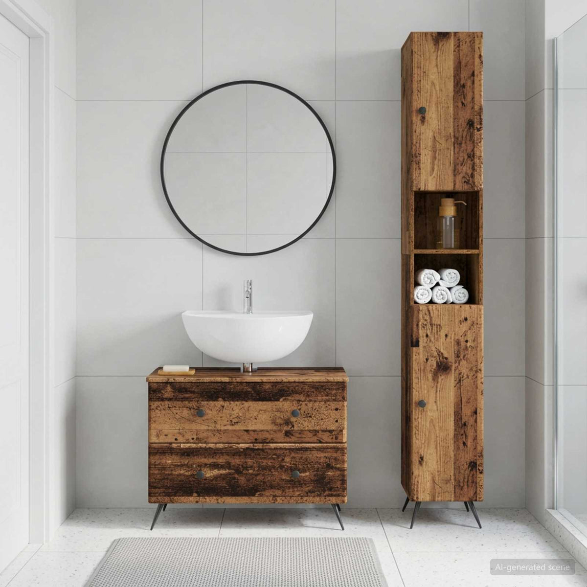 2 Piece Bathroom Cabinet Set EDE Engineered Wood Old Wood Round edge