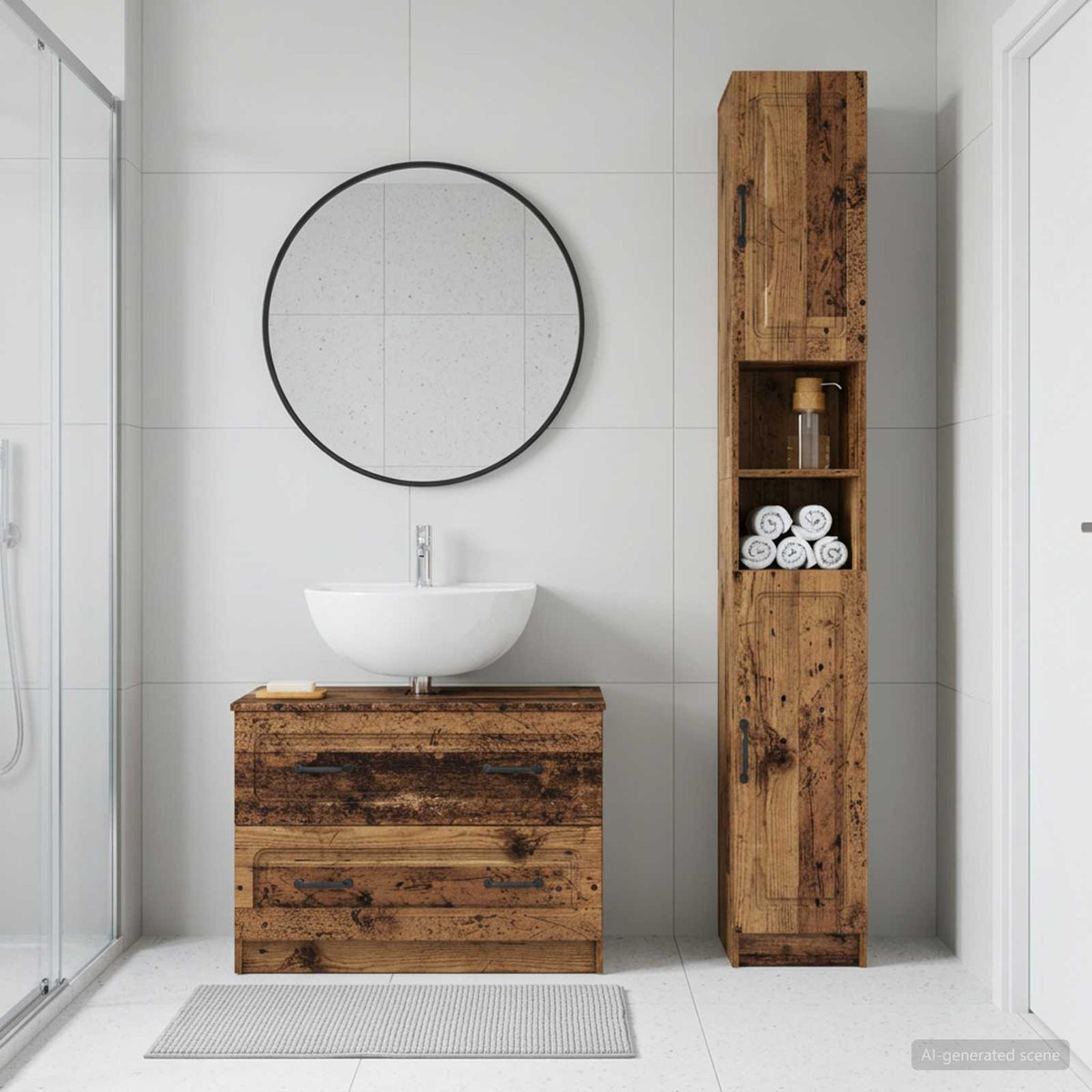 2 Piece Bathroom Cabinet Set EDE Engineered Wood Old Wood O-shape