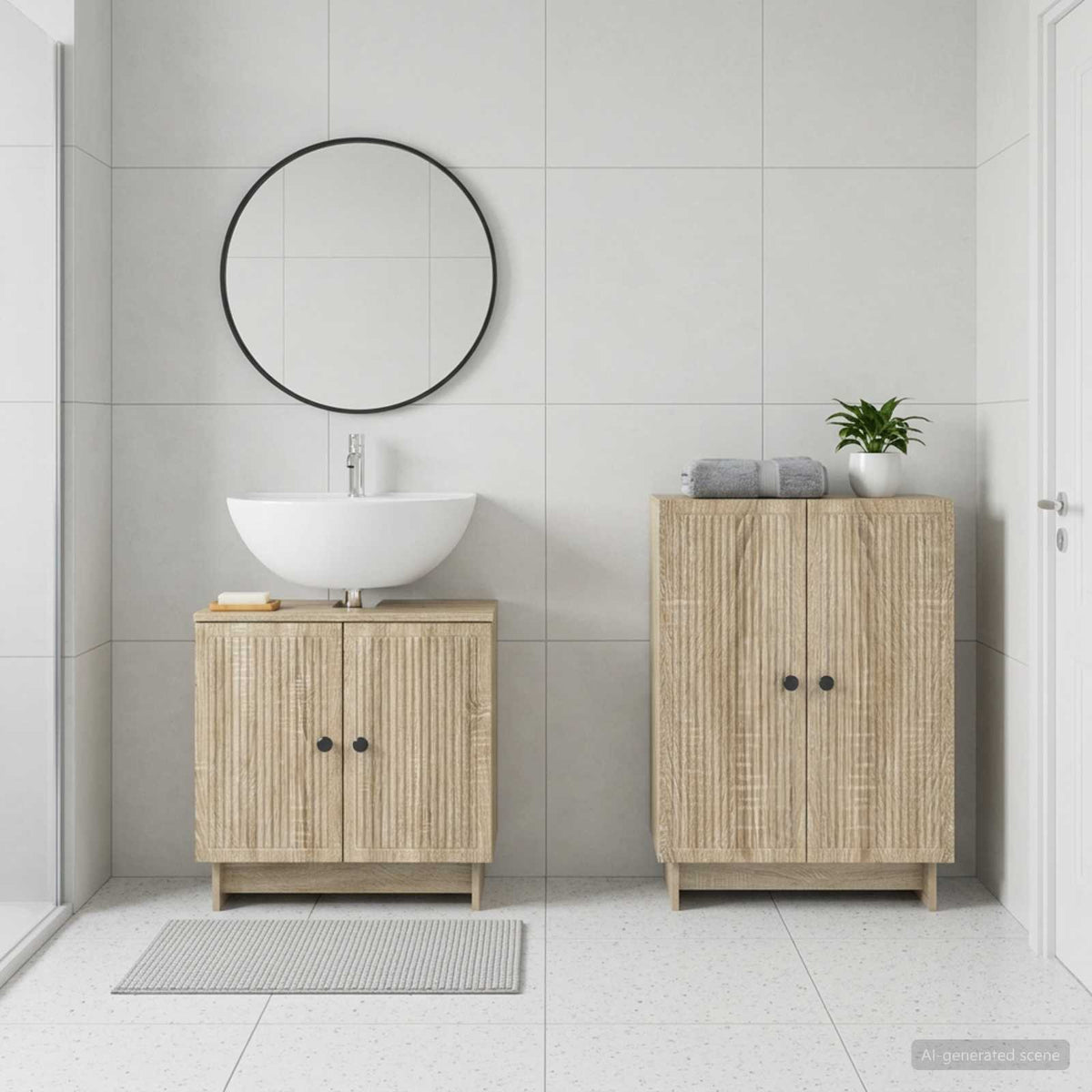 2 Piece Bathroom Cabinet Set EDE Engineered Wood Sonoma Oak Vertical stripes