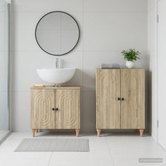 2 Piece Bathroom Cabinet Set EDE Engineered Wood Sonoma Oak Round stripes