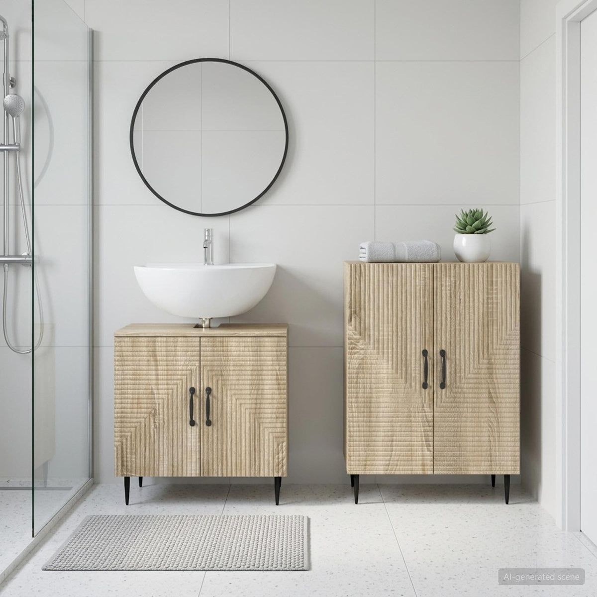 2 Piece Bathroom Cabinet Set EDE Engineered Wood Sonoma Oak Two-way stripes