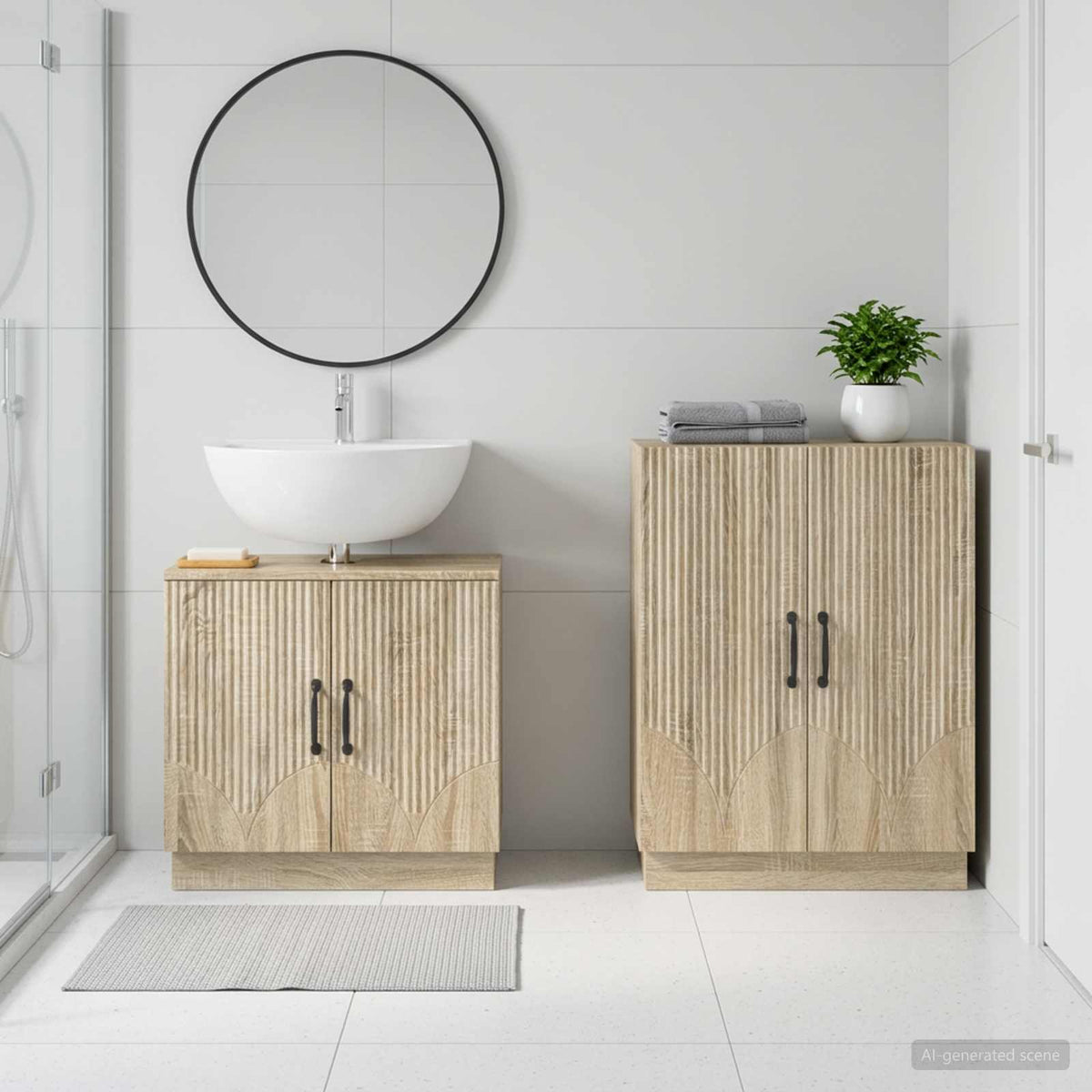 2 Piece Bathroom Cabinet Set EDE Engineered Wood Sonoma Oak V-shape stripes