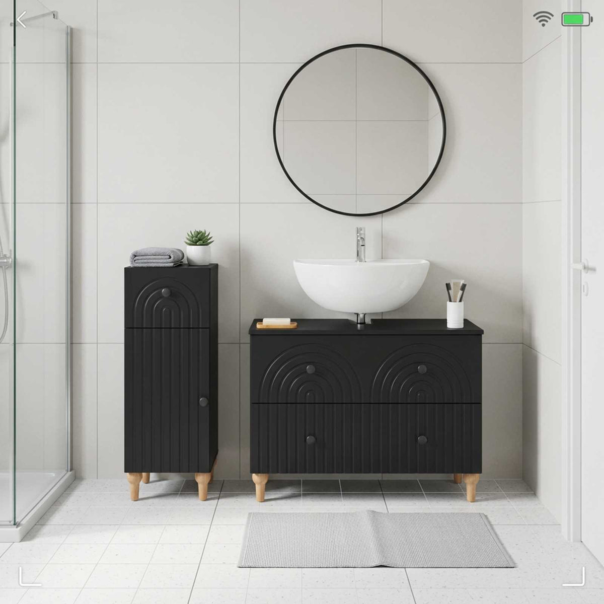 2 Piece Bathroom Cabinet Set EDE Engineered Wood Black Round stripes