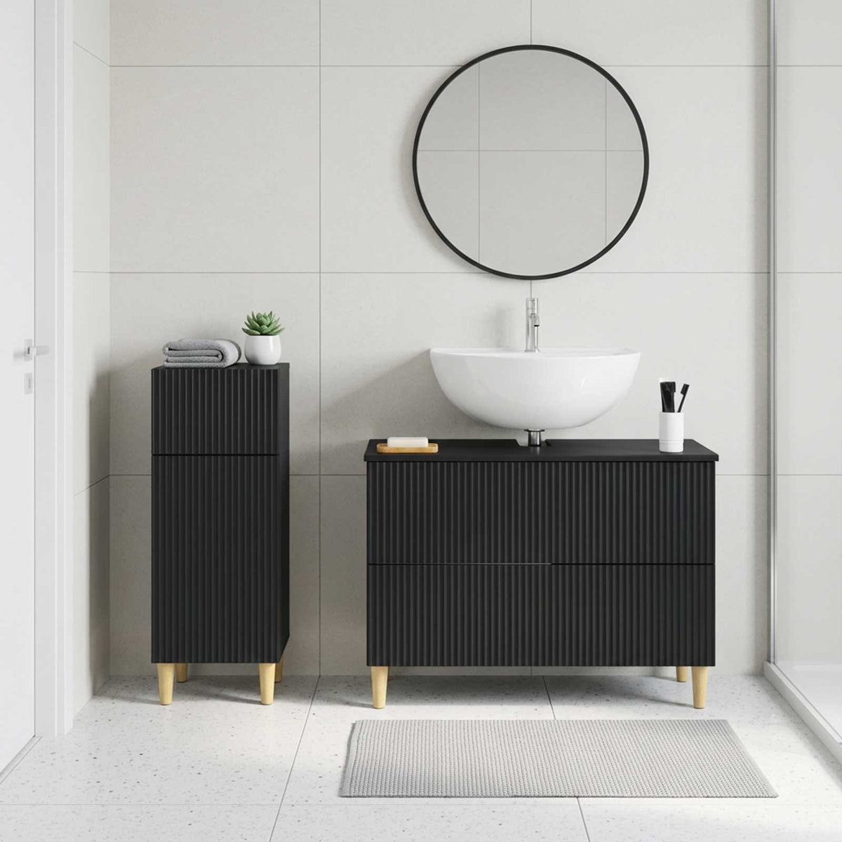 2 Piece Bathroom Cabinet Set EDE Engineered Wood Black Full vertical stripes