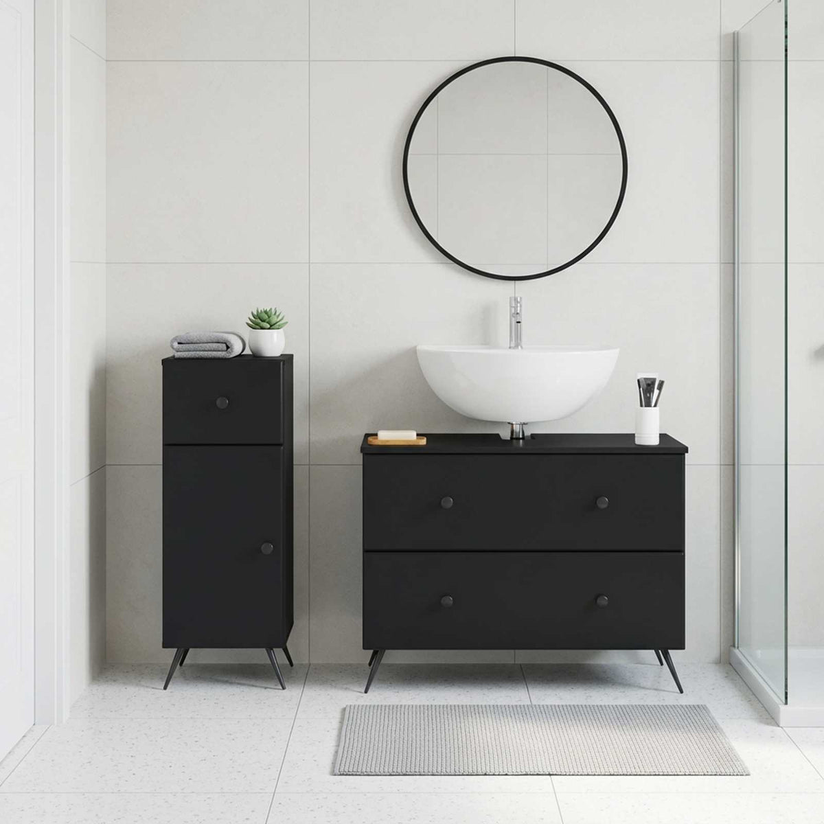 2 Piece Bathroom Cabinet Set EDE Engineered Wood Black Round edge