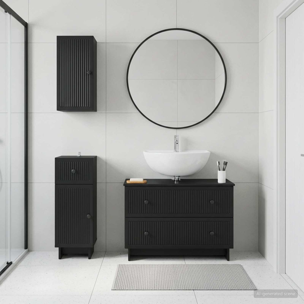 3 Piece Bathroom Cabinet Set EDE Engineered Wood Black Vertical stripes