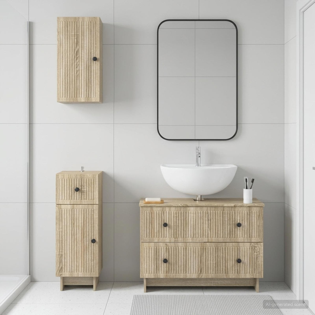 3 Piece Bathroom Cabinet Set EDE Engineered Wood Sonoma Oak Vertical stripes