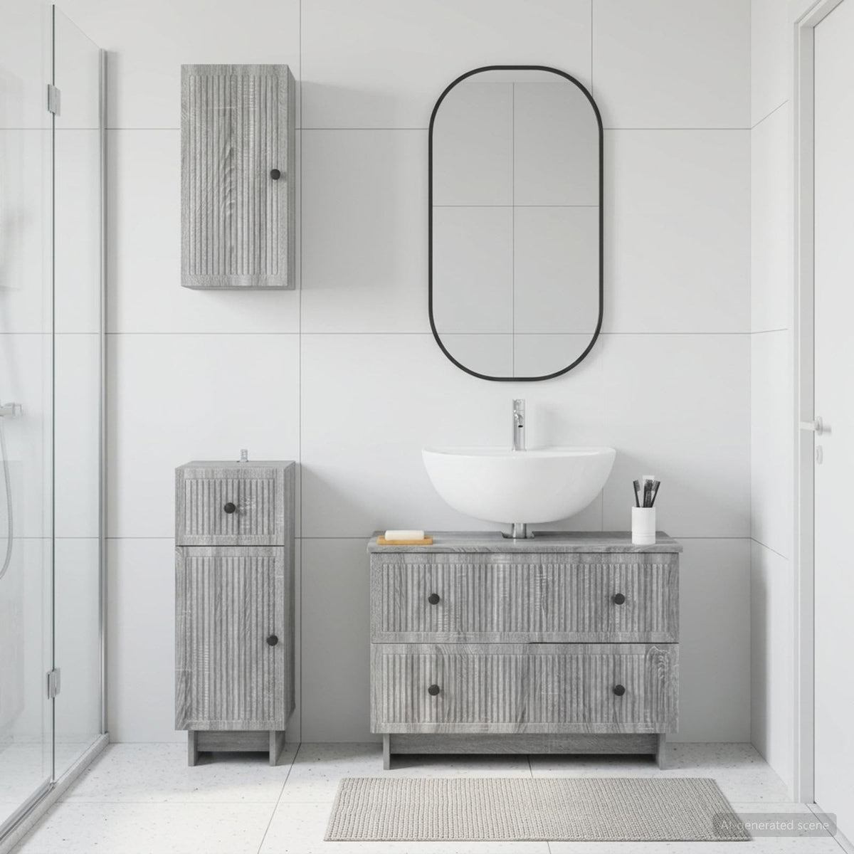 3 Piece Bathroom Cabinet Set ALKMAAR Grey Sonoma Vertical stripes