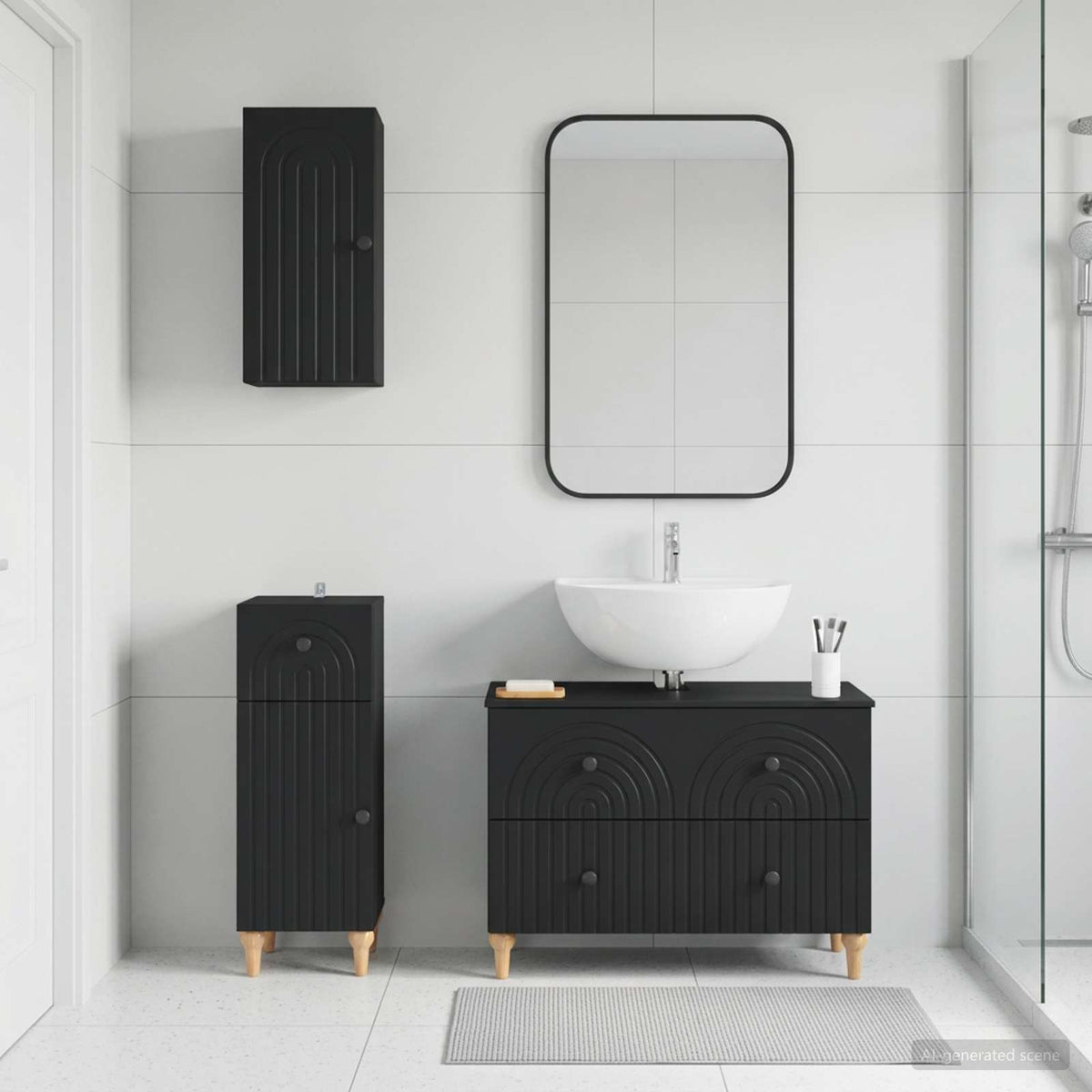 3 Piece Bathroom Cabinet Set EDE Engineered Wood Black Round stripes