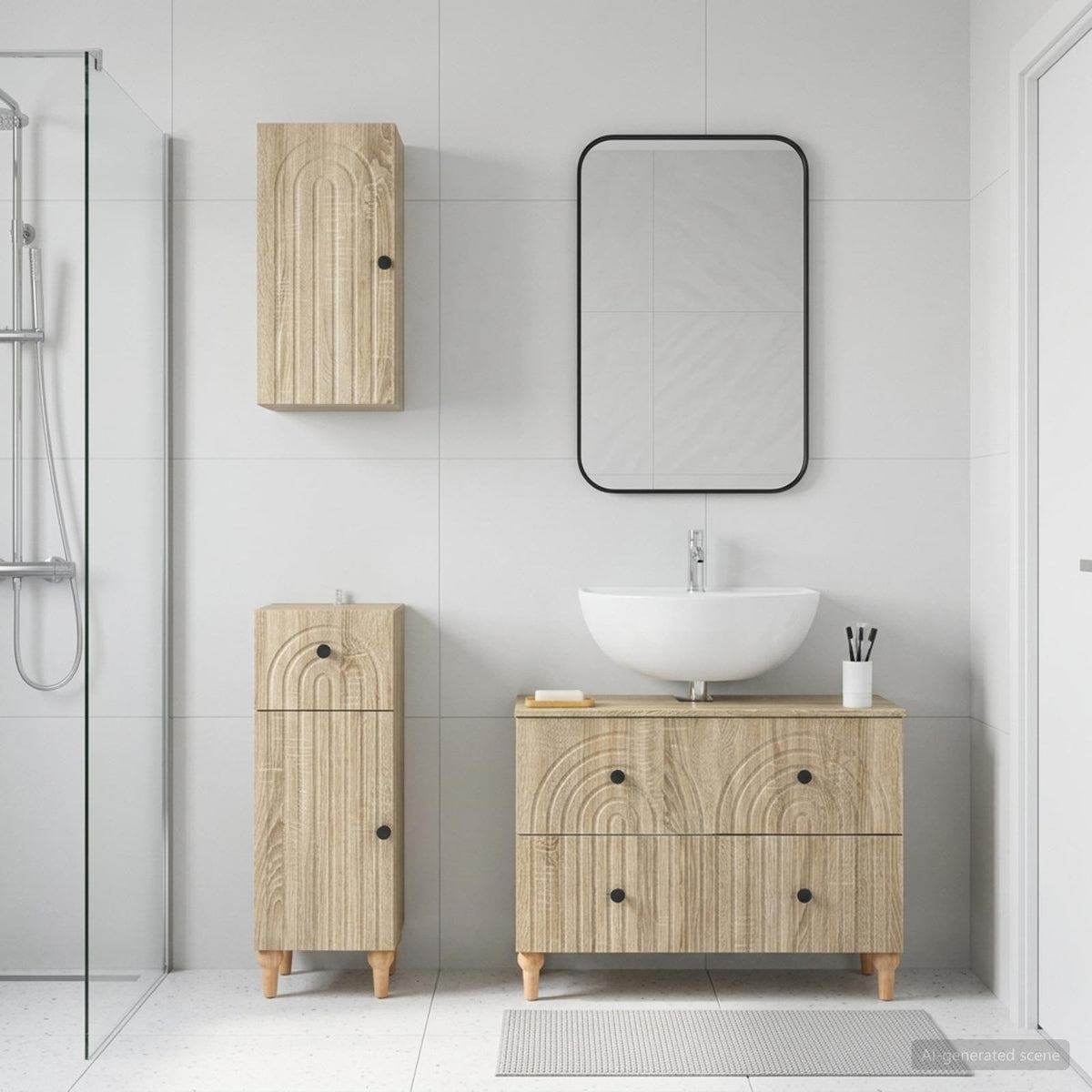 3 Piece Bathroom Cabinet Set EDE Engineered Wood Sonoma Oak Round stripes