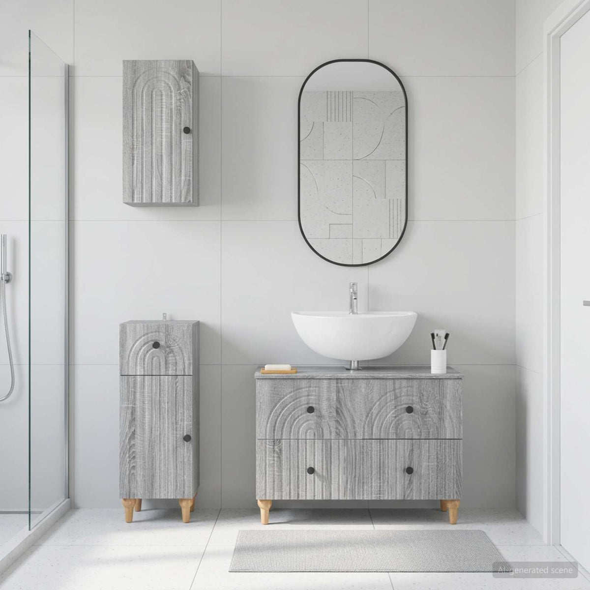 3 Piece Bathroom Cabinet Set ALKMAAR Grey Sonoma Round stripes