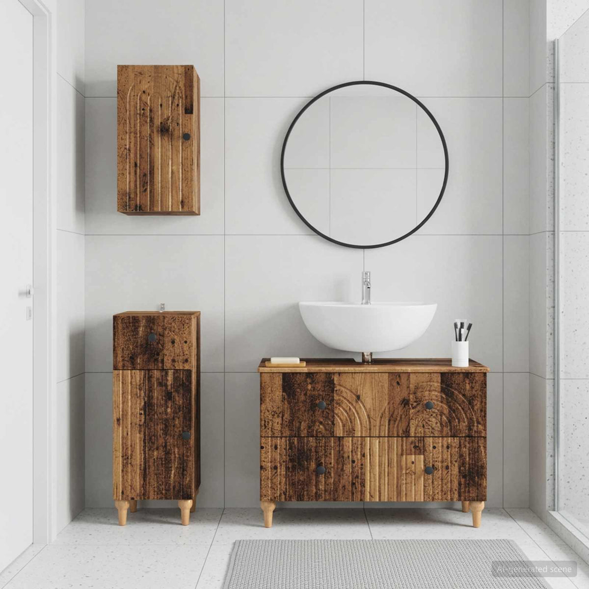 3 Piece Bathroom Cabinet Set EDE Engineered Wood Old Wood Round stripes