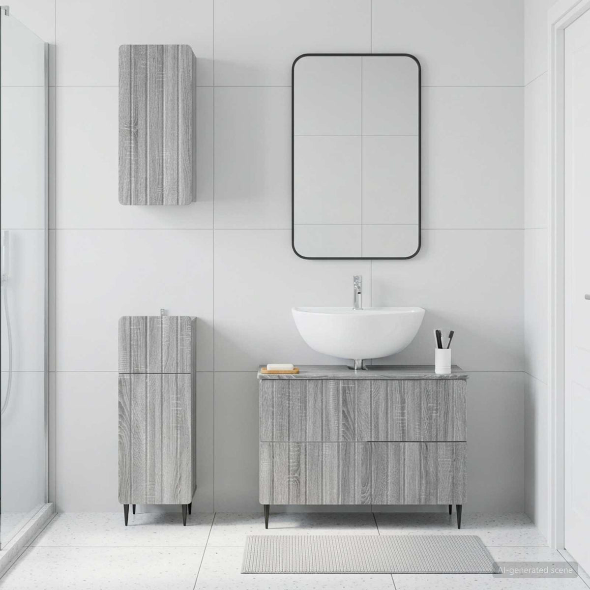 3 Piece Bathroom Cabinet Set ALKMAAR Grey Sonoma Round edge stripes
