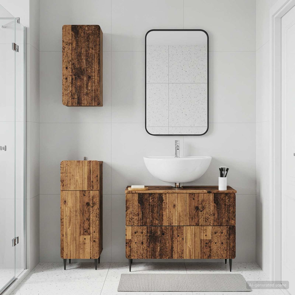 3 Piece Bathroom Cabinet Set EDE Engineered Wood Old Wood Round edge stripes