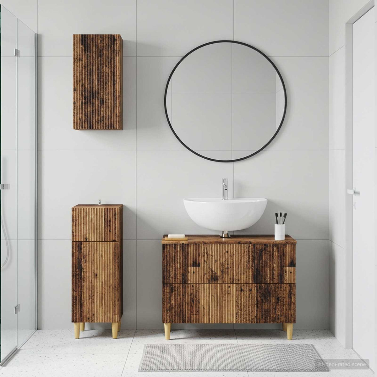 3 Piece Bathroom Cabinet Set EDE Engineered Wood Old Wood Full vertical stripes