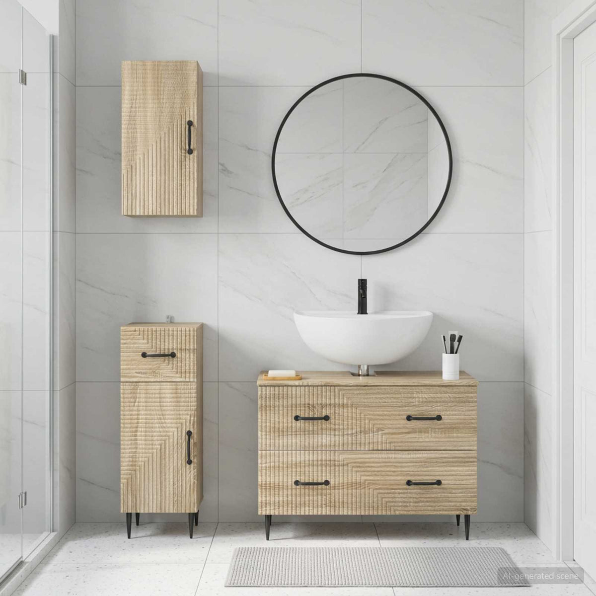 3 Piece Bathroom Cabinet Set EDE Engineered Wood Sonoma Oak Two-way stripes