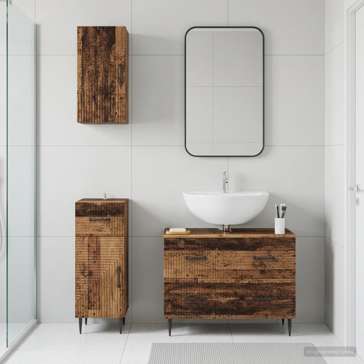 3 Piece Bathroom Cabinet Set EDE Engineered Wood Old Wood Two-way stripes