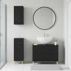3 Piece Bathroom Cabinet Set EDE Engineered Wood Black Leaf pattern