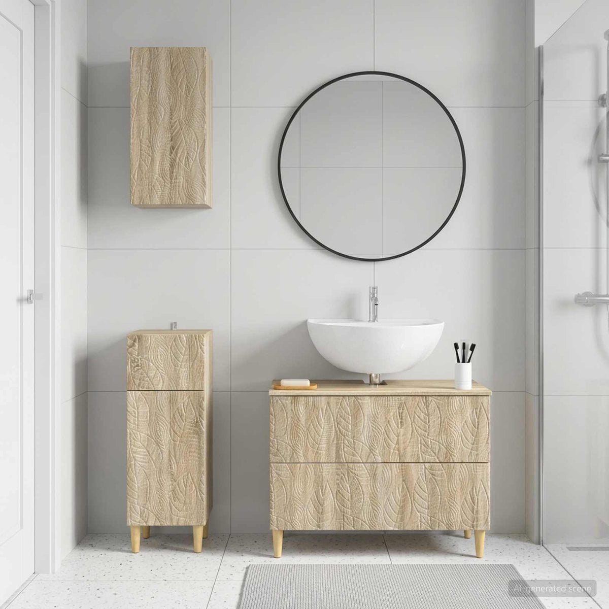 3 Piece Bathroom Cabinet Set EDE Engineered Wood Sonoma Oak Leaf pattern