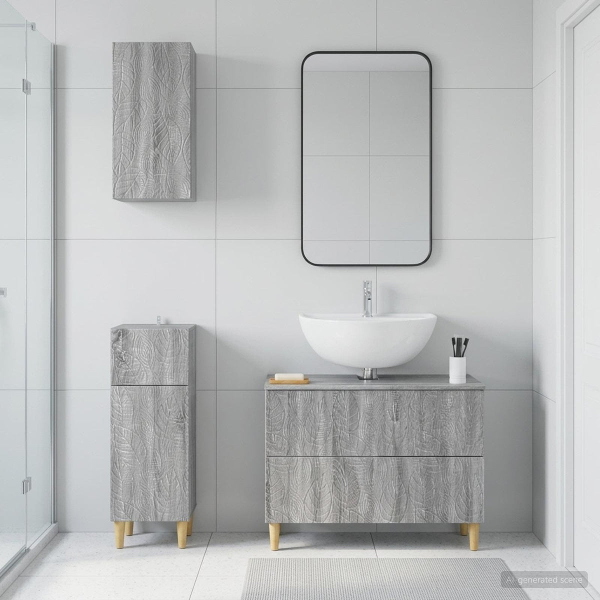 3 Piece Bathroom Cabinet Set ALKMAAR Grey Sonoma Leaf pattern