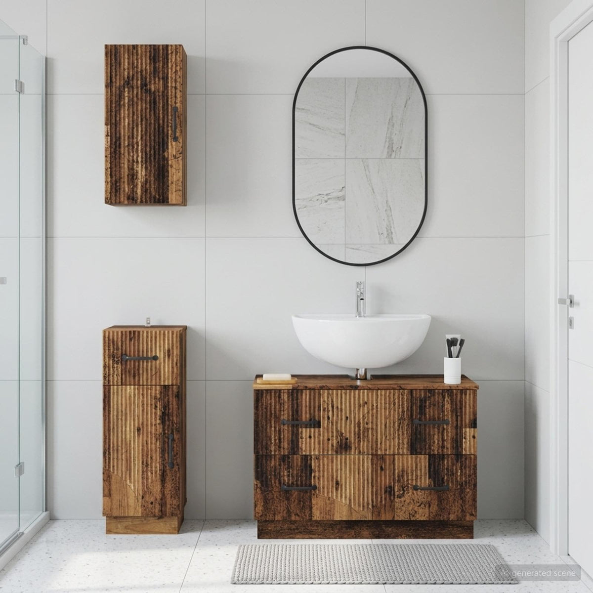 3 Piece Bathroom Cabinet Set EDE Engineered Wood Old Wood V-shape stripes