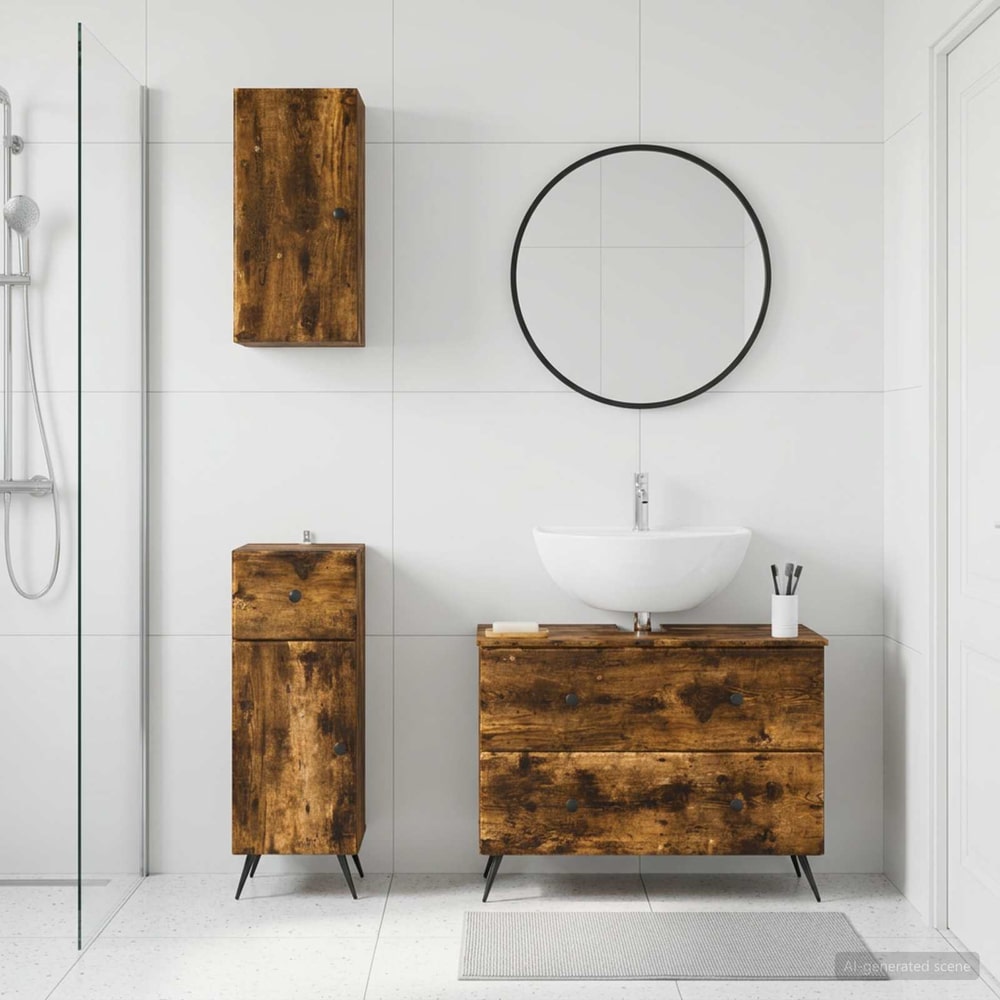 3 Piece Bathroom Cabinet Set EDE Engineered Wood Smoked Oak Round edge