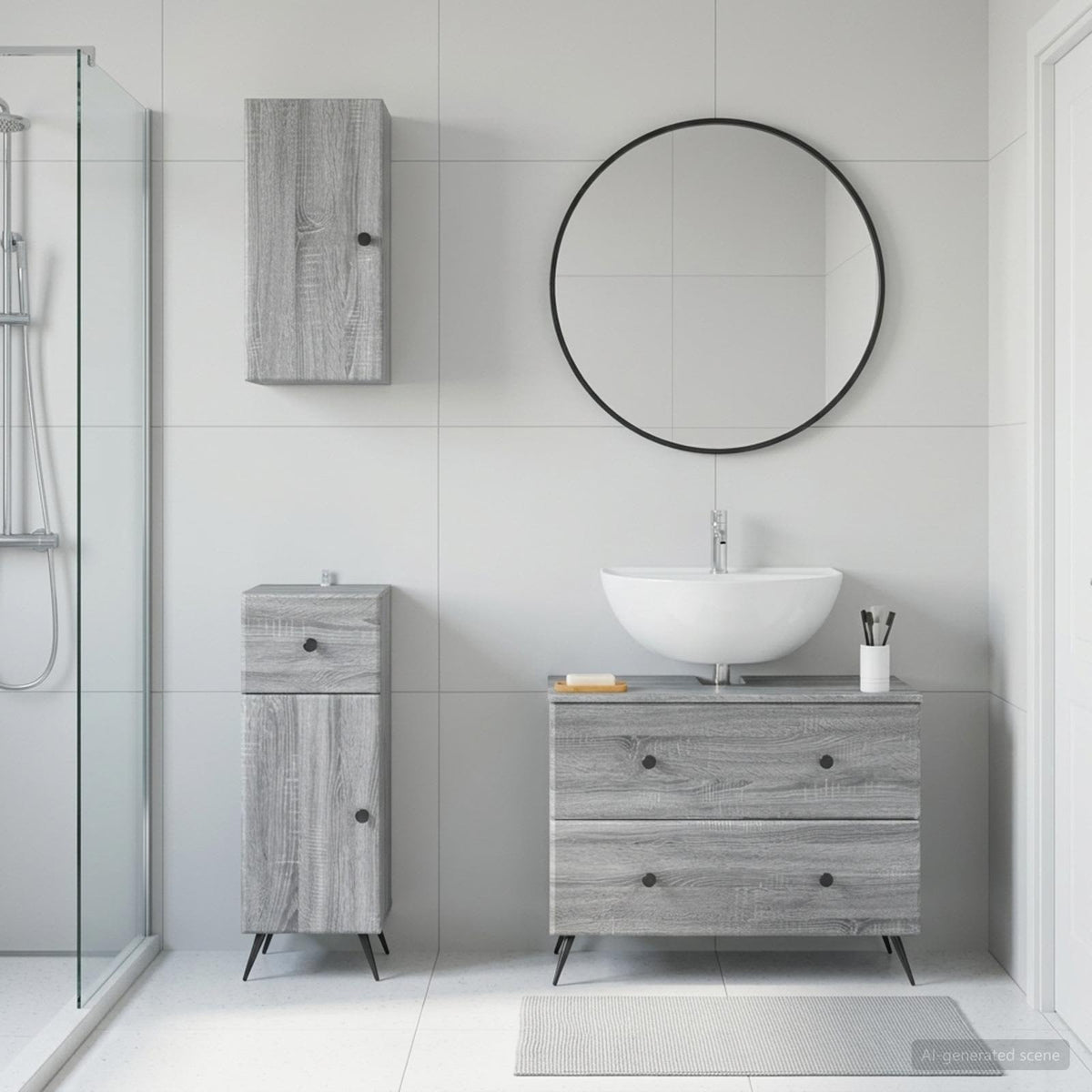 3 Piece Bathroom Cabinet Set ALKMAAR Grey Sonoma Round edge