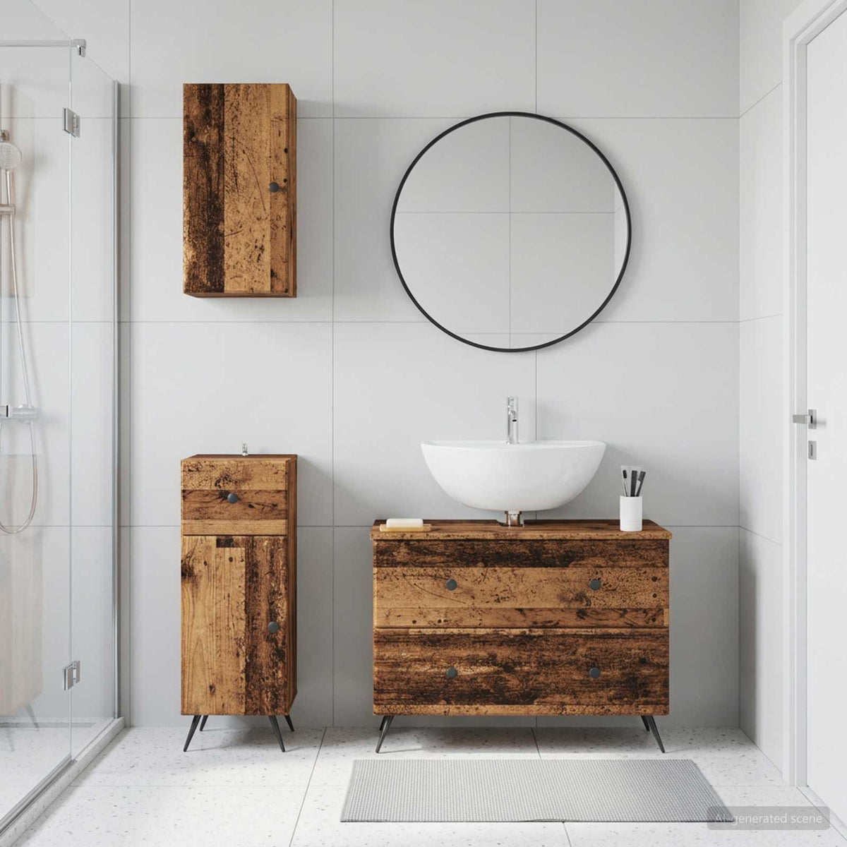 3 Piece Bathroom Cabinet Set EDE Engineered Wood Old Wood Round edge