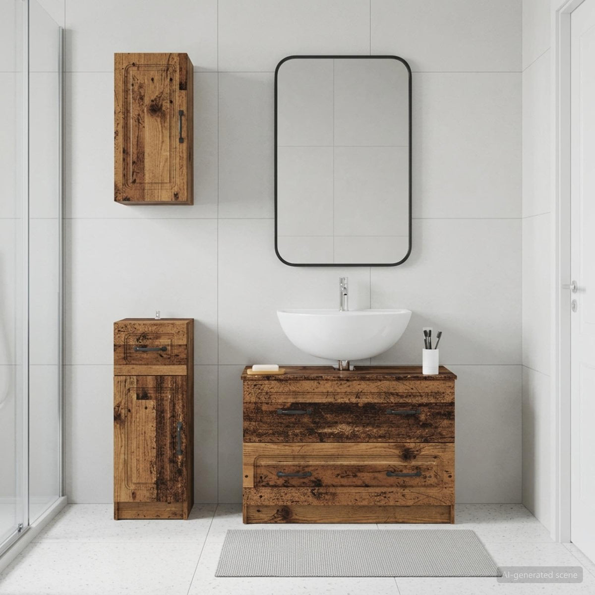 3 Piece Bathroom Cabinet Set EDE Engineered Wood Old Wood O-shape