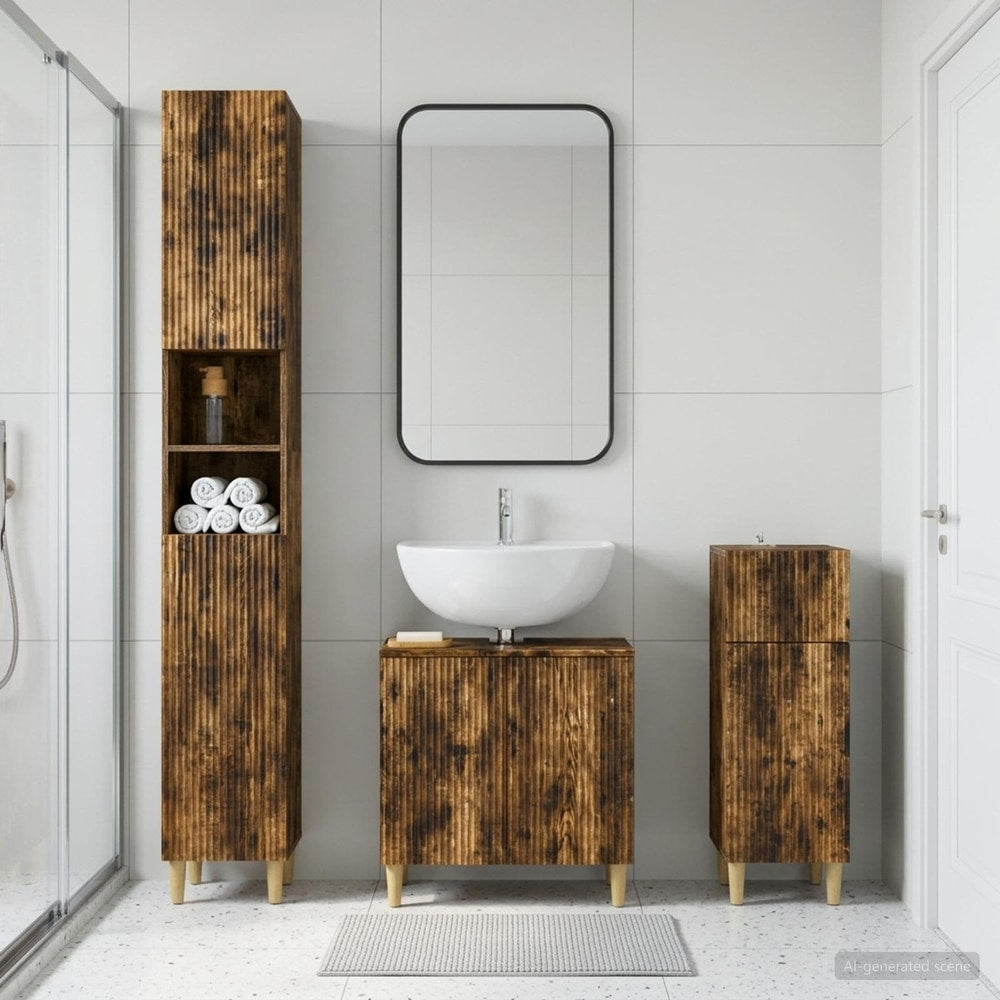 3 Piece Bathroom Cabinet Set EDE Engineered Wood Smoked Oak Full vertical stripes