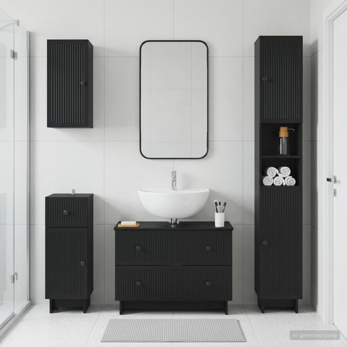 4 Piece Bathroom Cabinet Set EDE Engineered Wood Black Vertical stripes